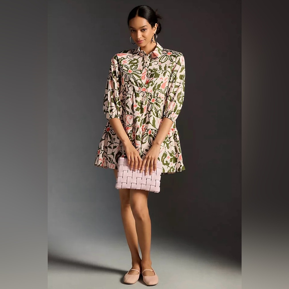 Maeve Anthropologie Bettina Tiered Shirt Dress Green Floral Small EUC